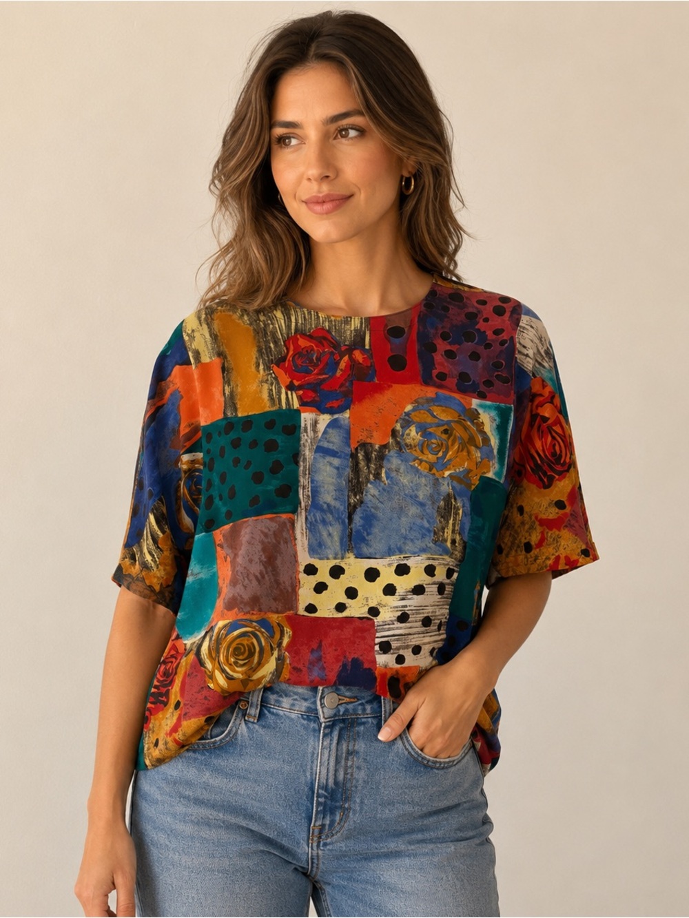 Vintage Che Studio Abstract Floral Shoulder Pad Blouse Size M